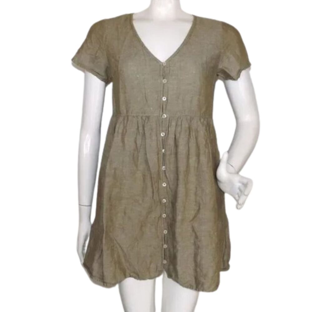 MADEWELL Dress, XS, Mossy Green, Alexandra Mini, Linen Blend, Buttons, V neck